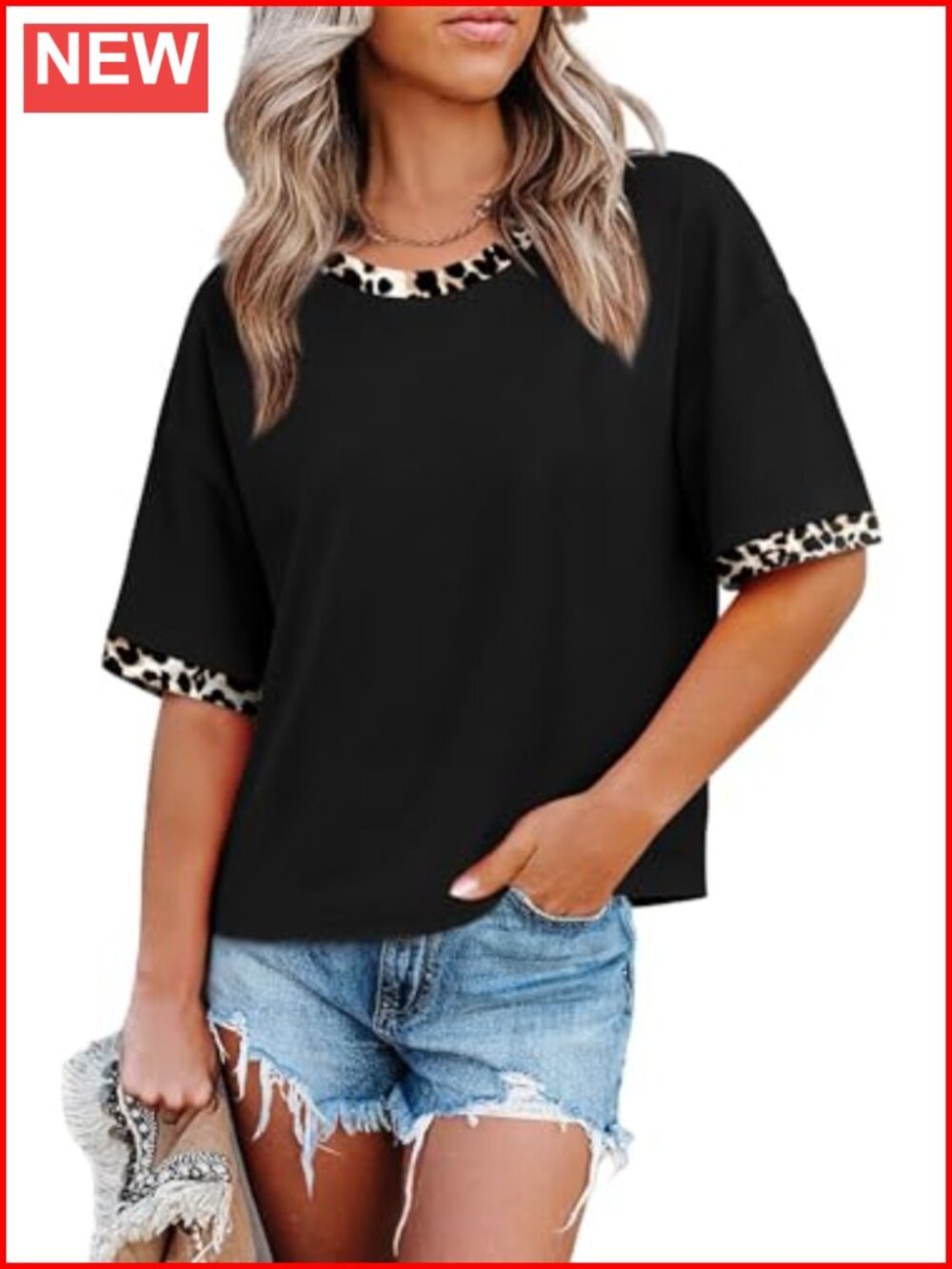 Womens Loose Fit Color Block T-Shirt Half Sleeve Crew Neck